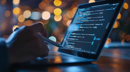 Close-up view of a programmer's fingers deftly scrolling through code on a tablet showcasing the use of a stylus pen nearby for annotations capturing the essence of digital creativity in technology