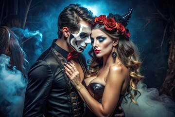 Fototapeta premium A sultry couple embracing in a dimly lit setting, dressed in provocative Halloween costumes, exuding sensuality and mystery with seductive gazes and tantalizing poses.