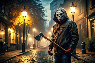 A terrifying masked figure wielding a bloodied axe lurks in the shadows of a darkened city street, illuminated by flickering streetlights on a haunted autumn night.
