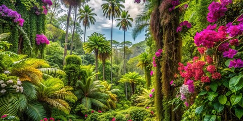 Vines of Bougainvillea and Passionflower entwine towering palms, while exotic orchids and ferns thrive amidst the dense, emerald canopy of the tropical rainforest.