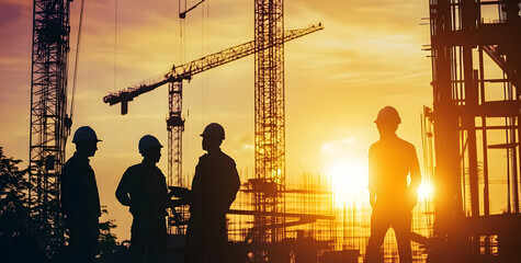Engineer and construction team silhouettes working at site over blurred background with light fair. Together, we created this image using multiple reference images.