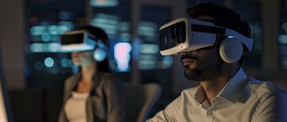 Two people in virtual reality headsets are immersed in a digital world in a dimly lit room.