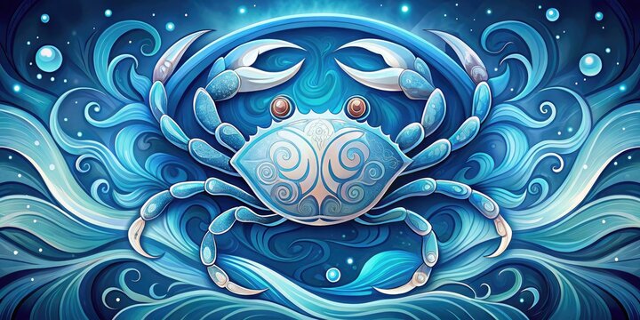 A vibrant, stylized illustration of the Cancer zodiac sign, with a crab symbol surrounded by delicate, swirling curves and soft, calming shades of blue and white.