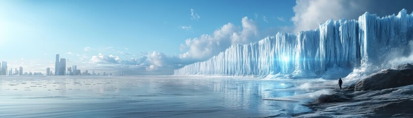 Dramatic Impact of Global Warming: Melting Ice Caps and Rising Sea Levels Near Urban Skyline