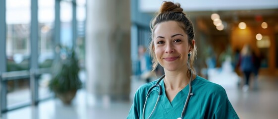 A cheerful female nurse in green scrubs with a stethoscope around her neck smiles warmly in a hospital corridor.