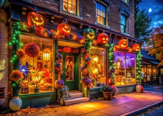 A vibrant storefront in Kansas City, Missouri, bursts with spooky decorations and colorful lights, beckoning customers to explore the festive Halloween treasures within.
