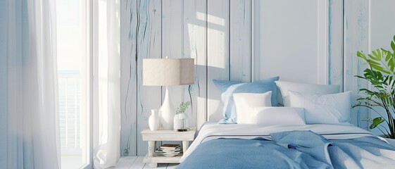 A serene bedroom bathed in natural light features pastel blue and white decor, evoking a sense of tranquility and comfort. © Ai Studio