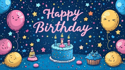 Birthday greeting card for boy for 3 years old with cake and balloons