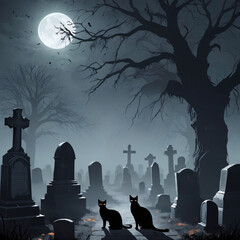 A dark, foggy graveyard scene 