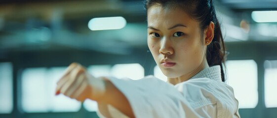 A determined woman in a white karate uniform focuses intensely as she strikes a martial arts pose during training in a brightly lit dojo.