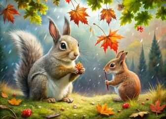 "Gathered amidst rustling bushes, a cartoon squirrel shares a crimson maple leaf with a curious rabbit, amidst drizzly afternoon atmosphere."