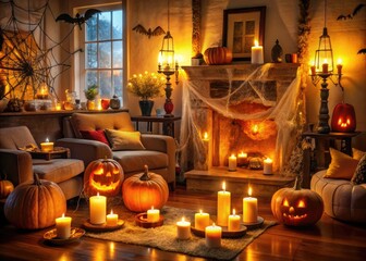 Fototapeta premium a warmly lit living room adorned with cobweb-covered pumpkins, candles, and eerie decorations, inviting guests to a haunted Halloween celebration.
