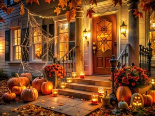 A warmly lit porch adorned with spider webs, jack-o-lanterns, and autumn leaves creates a festive and inviting atmosphere for trick-or-treaters and fall celebrants.