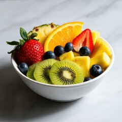Fresh fruit salad in a bowl on a marble table viewed from the front