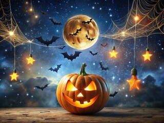 A whimsical animated Halloween decoration featuring a glowing jack-o'-lantern, swaying cobwebs, and fluttering bats set against a dark, starry night sky backdrop.