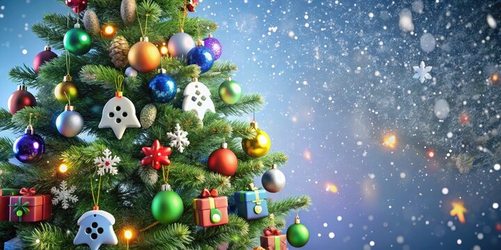 A whimsical Christmas tree decorated with colorful video game-inspired ornaments, controllers, and pixelated decorations stands amidst a backdrop of festive snowflakes and soft lighting.
