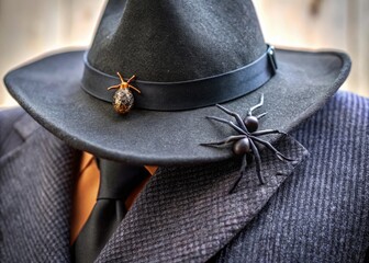 a witch's hat and a fake spider on his lapel.