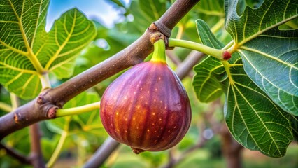 "A ripe fig hangs from a tree branch, its sweet green stem wrapped around the brown trunk, with delicate leaves and a few purple seeds visible beneath the surface."