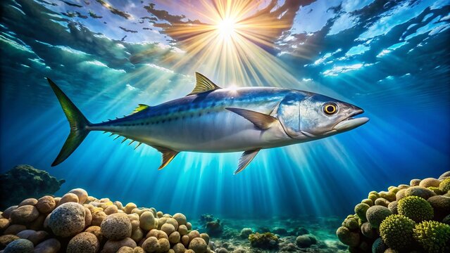 A majestic kingfish swims beside a coral reef, its bright blue body glistening in the sunlight filtering down from above.