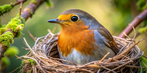 Tangled branches hold a fluffy cup nest where a robin peers out, its bright brown eyes alert to the surrounding forest foliage.