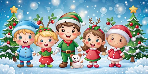 Adorable cartoon characters in festive holiday attire pose together, surrounded by snowflakes, holly, and ornaments, exuding joy and warmth in a winter wonderland setting.