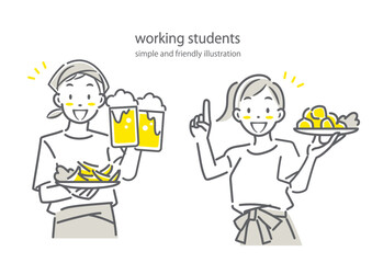 居酒屋で楽しくアルバイトをする若者　シンプルでお洒落な線画イラスト