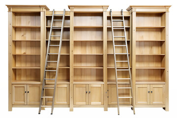Obraz premium Elegant maple wooden bookshelves with ladders, isolated on a transparent or white background.