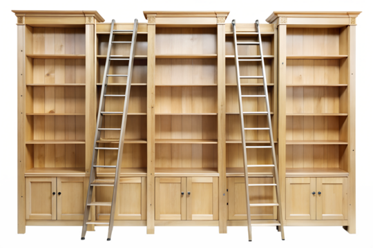Elegant maple wooden bookshelves with ladders, isolated on a transparent or white background.