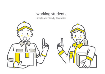 運送業で楽しくアルバイトをする若者　シンプルでお洒落な線画イラスト