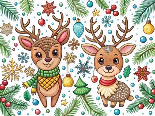 Naklejka premium Adorable festive illustrations of snowflakes, reindeer, and pinecones adorn a whimsical Christmas coloring book page, inviting creativity and joy for kids of all ages.