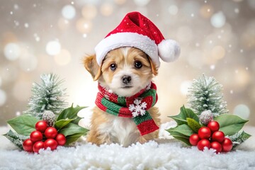 Adorable festive scene featuring a tiny Santa hat and scarf-clad puppy surrounded by glittering snowflakes, holly, and sparkly Christmas ornaments on a soft white background.