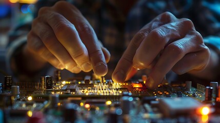 A close-up of a programmer's hands delicately adjusting settings on a microcontroller board with tiny LEDs and sensors visible capturing the essence of hands-on coding and electronic innovation