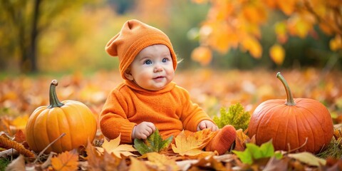 Adorable infant dressed in a tiny orange pumpkin onesie with green stem hat, sitting in a autumnal setting surrounded by fallen leaves and small pumpkins.