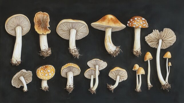 Detailed botanical drawing showcasing different mushrooms
