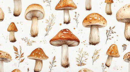 Detailed botanical drawing pattern showcasing different mushrooms