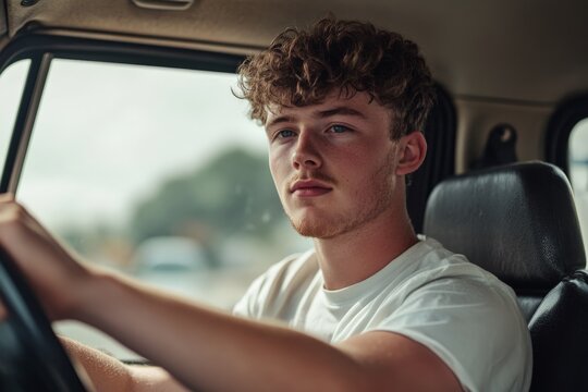 Young man with curly hair driving car with focused expression