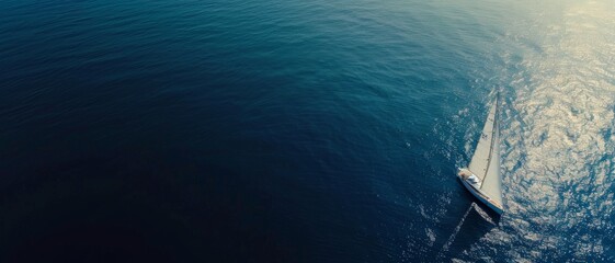 A lone sailboat glides across a shimmering ocean, the sunlight creating a pathway of light on the tranquil waters.