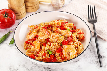 Italian pasta orzo with prawn