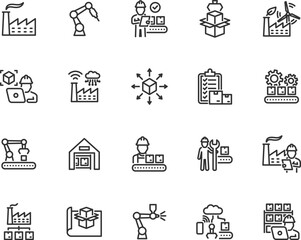 Vector set of factory line icons. Contains icons mass production, automation, assembly line, manufacturing, robot manipulator, quality control, technician, distribution and more. Pixel perfect.