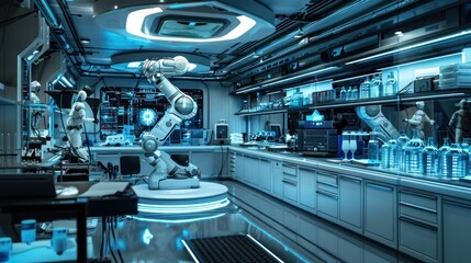 Futuristic hi tech industrial laboratory interior with advanced robotic automation digital control panels and sleek modern design  Conceptual image showcasing the future of science technology