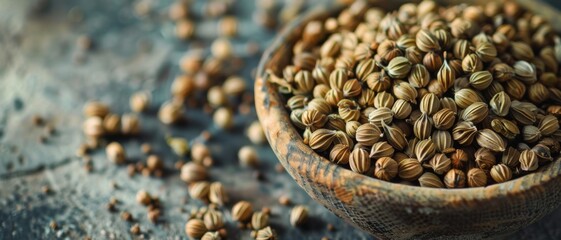 Naklejka premium A wooden bowl filled with coriander seeds sits on a textured, rustic surface, highlighting the earthy tones and intricate patterns of the seeds.