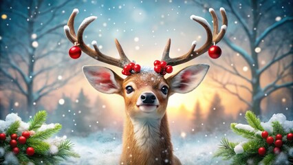 Adorable reindeer with shiny red nose and festive holiday antlers, surrounded by snowflakes and holly, sparks joy and festive cheer in a winter wonderland scene.