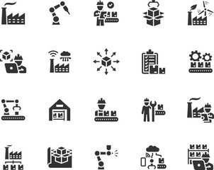 Vector set of factory flat icons. Contains icons mass production, automation, assembly line, manufacturing, robot manipulator, quality control, technician, distribution and more. Pixel perfect.