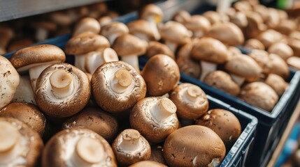 Farmers' market with mushrooms in various containers