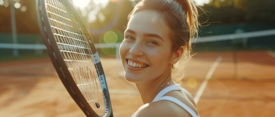 A woman on a tennis court beams with joy, holding her racket over her shoulder, with the sun casting a soft glow around her.