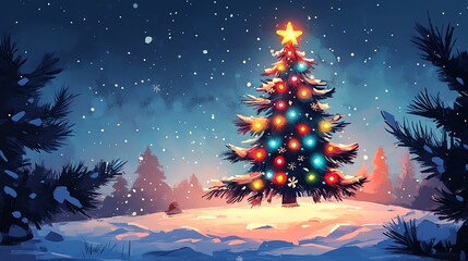 A brightly lit Christmas tree stands tall in a snowy forest under a starry night sky.