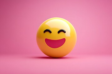 Fototapeta premium A cheerful yellow emoji with a big smile against a pink background.