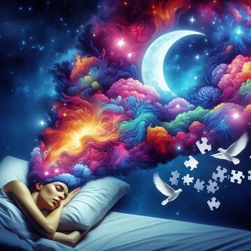 A surreal dreamscape with a woman sleeping, and colorful, swirling clouds emerging from her head, forming a crescent moon. This fantasy artwork captures the essence of dreams and imagination.. AI