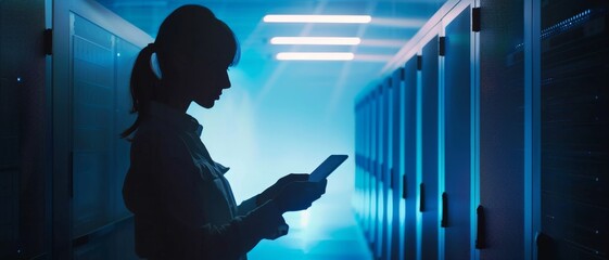 In a dark, atmospheric server room, a person studies data on a tablet under cool blue lights, depicting the critical and technical environment of modern data management.