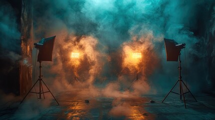 Two studio lighting equipment with orange lights and smoke in a dark room.